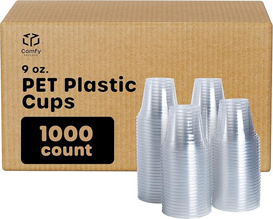Comfy Package [Case of 1,000 9 oz. Crystal PET Clear Plastic Cups for Party - Ideal for Cold Beverages, Smoothies, and Parties