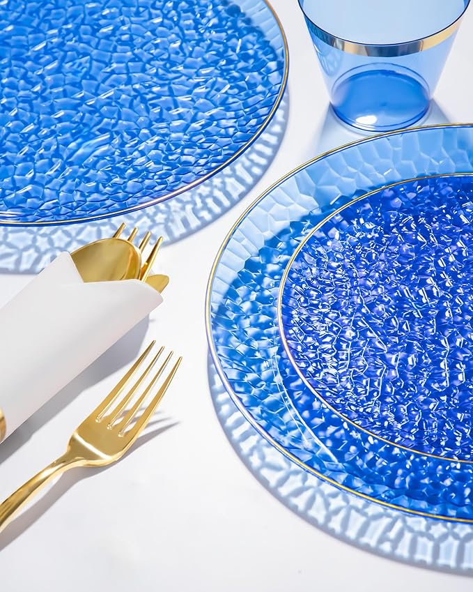 Hioasis 175pcs Blue Gold Plastic Plates - Blue Plastic Dinnerware Set Includes 25 Dinner Plate, 25 Dessert Plate, 25 Cups, 25 Napkins Perfect for Christmas & Party