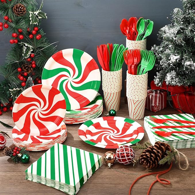 Pickmesh 400 Pcs Christmas Peppermint Candy Paper Plates Napkins Cups Cutlery for Candy Mint Party Supplies, Red and Green Striped Peppermint Party Decorations Tableware Set for Holiday Xmas Serve 50