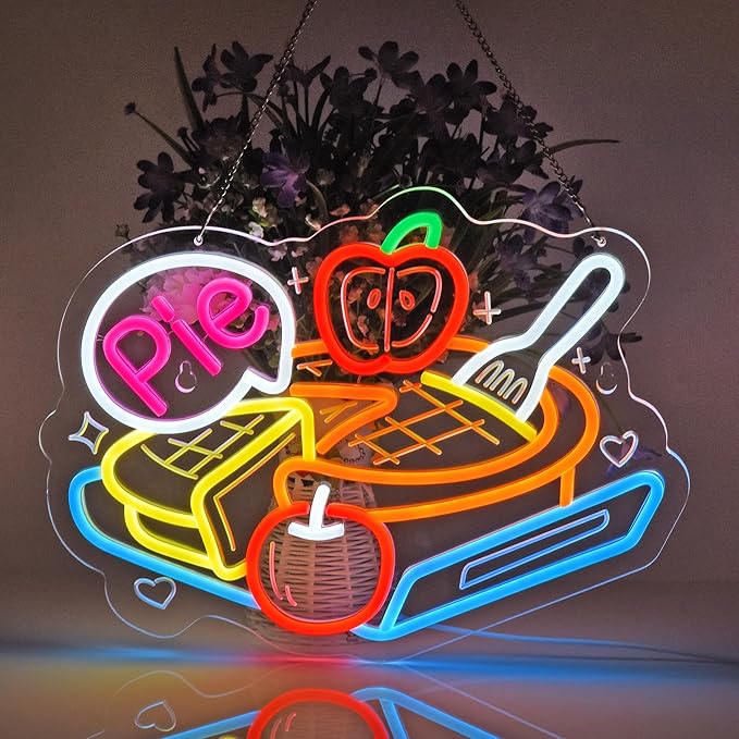 Pie Neon Sign, Neon Lights Hanging Wall Art Decoration for Bakery Café Dessert Shop Kitchen Thanksgiving/Christmas Venue Home Decor,USB Powered,Ultra Bright & Dimmable,15.75×11.8Inches