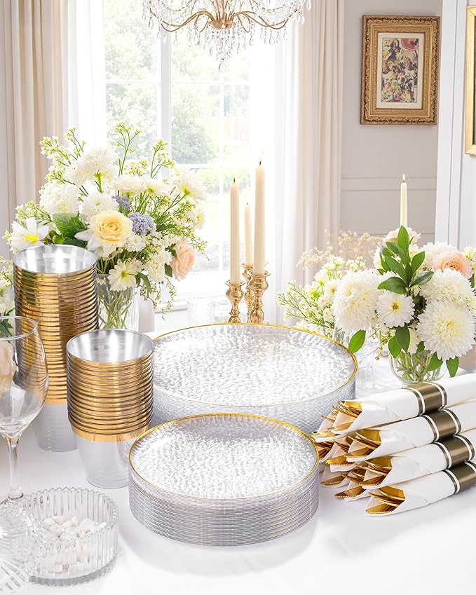 Hioasis 175pcs Clear Gold Plastic Plates - Clear Plastic Dinnerware Set Includes 25 Dinner Plate, 25 Dessert Plate, 25 Cups, 25 Napkins Perfect for Wedding & Party