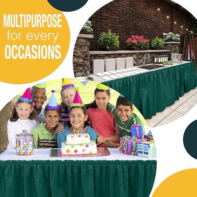 Exquisite Ruffle Table Skirt Dark Green 48 Pack 14 Ft Long Table Skirts for Rectangle Tables 6ft Plus or Round Tables Skirts with Adhesive Strip for Gender Reveal Decor & Happy Birthday Parties