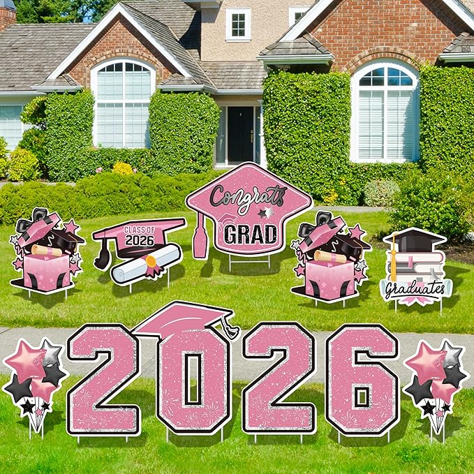 Large 11 PCS Graduation Yard Signs, Class of 2026 Congrats Grad Outdoor Lawn Yard Sign with Stakes, Graduate Yard Decorations for College High School Party, Pink
