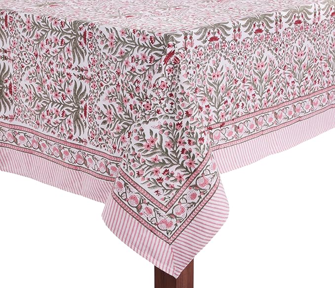 ATOSII Nargis Pink 100% Cotton Square Boho Spring Tablecloth, Handblock Floral Table Cloth Linen for Kitchen Dining I Parties Wedding Outdoors Easter Holidays Home Decor 60 X 60 Inches I 4 Seater
