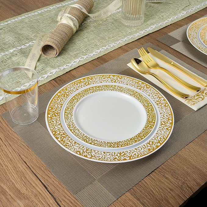 FOCUSLINE 175 Ct Gold Dinnerware Set for 25 Guests, Plastic Plates with Gold Lace Rim Design, Including 25 Disposable Dinner & Dessert Plates, Cups, Napkins, Cutlery Set