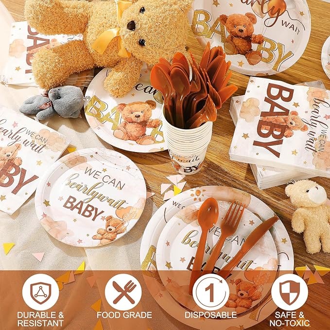 Dandat 350 Pcs Baby Shower Plates Set Baby Shower Party Supplies Serves 50 Tableware Sets Include Plates Napkin Cup Forks Knives Spoons Disposable Dinnerware(Bear,Brown)