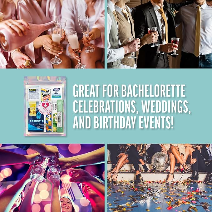 Hangover Kit – 10pc Pre-Filled Bags with Hydration & Recovery Items – Girls Trip Favors, Bachelorette Gifts, 21st Birthday Celebration Essentials, Wedding Weekend Party Must-Haves (10-Pack)