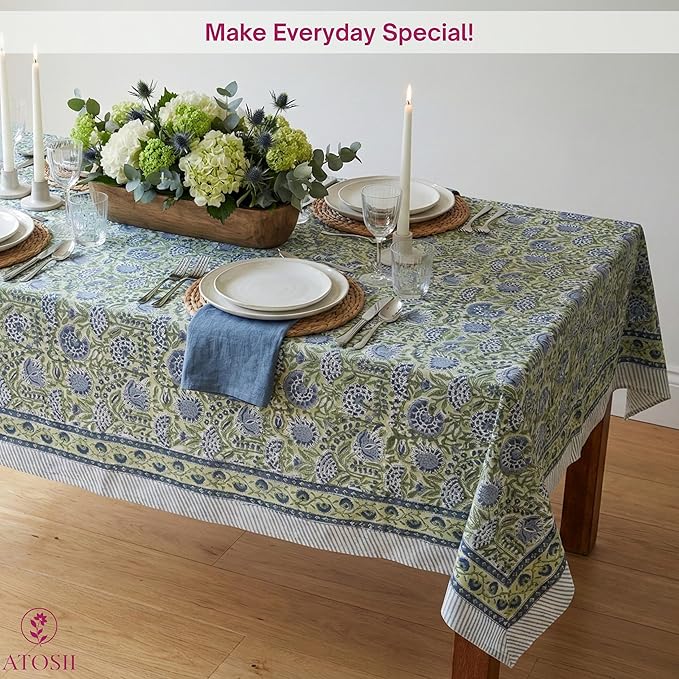 ATOSII Amara 100% Cotton Fall Tablecloth, Handblock Floral Print Rectangle Linen for Kitchen Dining I Parties Wedding Outdoors Picnics Easter I Spring Summer 72 X 120 Inches I 10 Seater Table