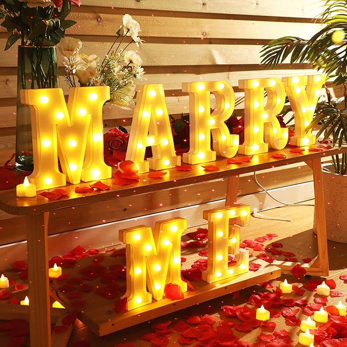Fumete Marry Me Letter Lights, Night Light Decoration with 4000 Pcs Rose Petals, 72 Pcs Romantic Candles, USB Powered for Valentine Engagement Wedding(Red)