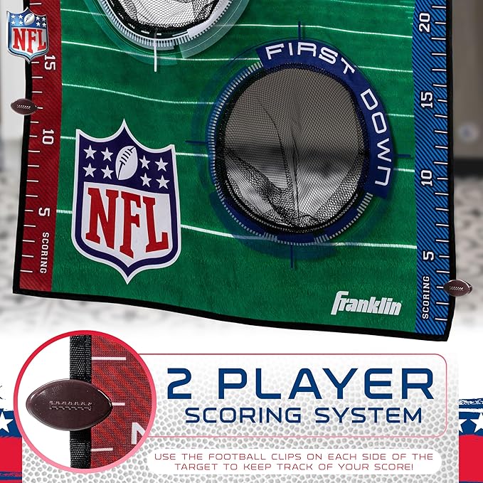 Franklin Sports NFL Mini Football Toss Target Game - NFL Door Jam Football Over The Door Target + (4) Mini Balls Set - 3 Hole Throwing Game for All Ages - Practice Passing + Aim