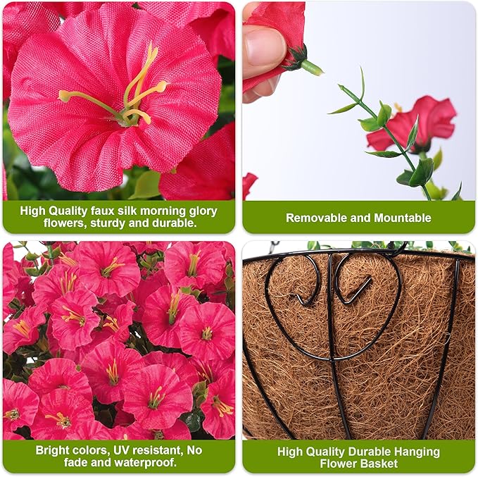 Artificial Fake Hanging Flowers Plants Baskets for Outdoors Spring Summer Decor, Faux Silk Morning Glory in Planter UV Resistant Realistic for Outside Porch Patio Balcony Garden Yard Home, Hotpink