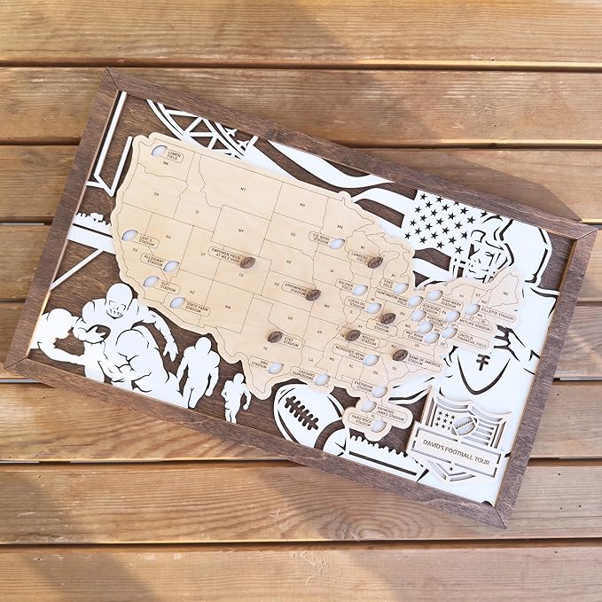 Personalized Wooden American Football Stadium Tracker Map - Football Stadium Bucket List - Custom Travel Map - Handcrafted Wall Art - Unique Gift for Football Fans (With Silhouette)