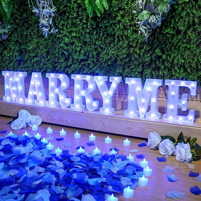 Hortsun Marry Me Light up Letters Proposal Decorations Will You Marry Me Sign Rose Petals 24 LED Candles Romantic Night Light for Proposal Engagement Wedding Anniversary Valentine's Day(Blue)