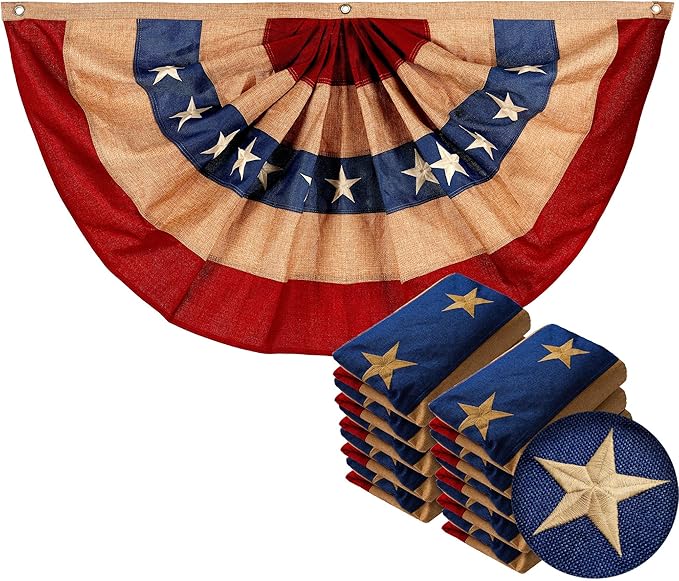 G128-10 Pack: USA Tea Stained Pleated Fan Flag 1.5x3FT Burlap Embroidered Polyester Stars and Stripes