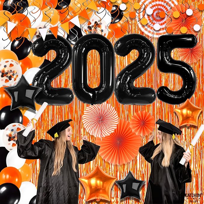 KatchOn, 2025 Orange and Black Graduation Balloon Arch Kit 2025 - Huge, Pack of 168 | Grad Decor 2025 | Orange Fringe Backdrop | Graduation Decorations 2025, Grad Party Decorations