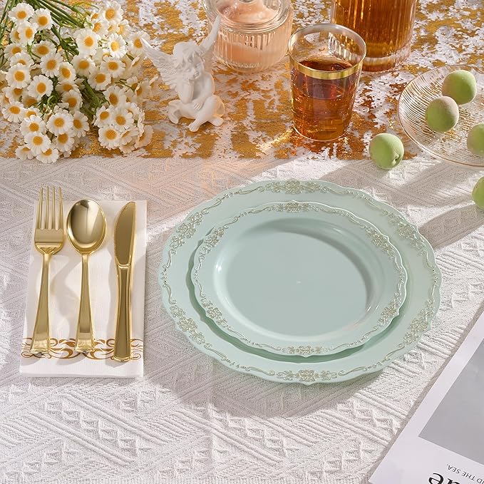 Fijinhom175 PCS Green Disposable Plates, Elegant Dinnerware Set for 25 Guests, 50 Plastic Plates, 75 Silverware, 25 Cups & 25 Paper Napkins, Green