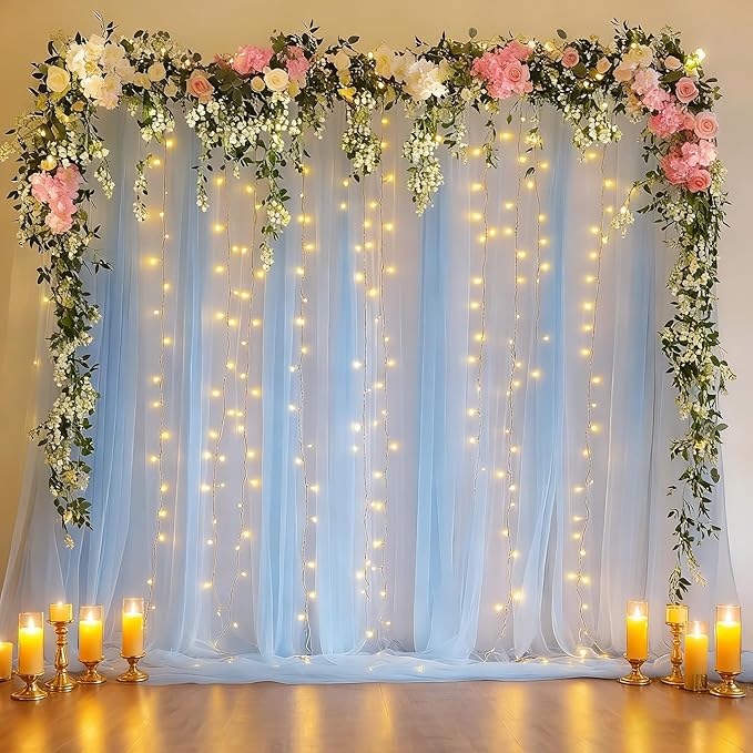 20x10ft Baby Blue Tulle Backdrop Curtain with Lights String for Parites, Sheer Photo Backdrop Curtains with Lights for Wedding Backdrop Ceremony Reception Bridal Shower Baby Shower Birthday Party
