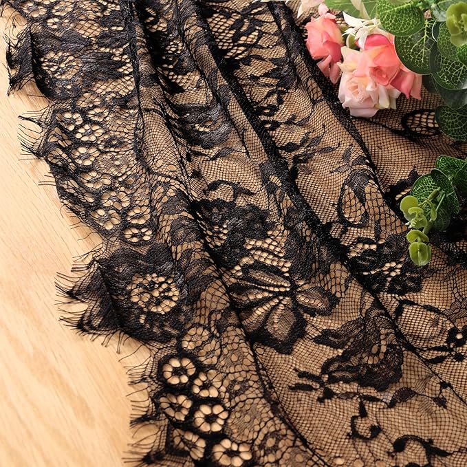 Fowecelt 5 Pack Black Lace Tablecloth 60 × 120 Inch for Rustic Boho Wedding Bridal Shower Party Decoration, Classy Rectangle Overlay Long Vintage Embroidered Reception Table Cloth Decor