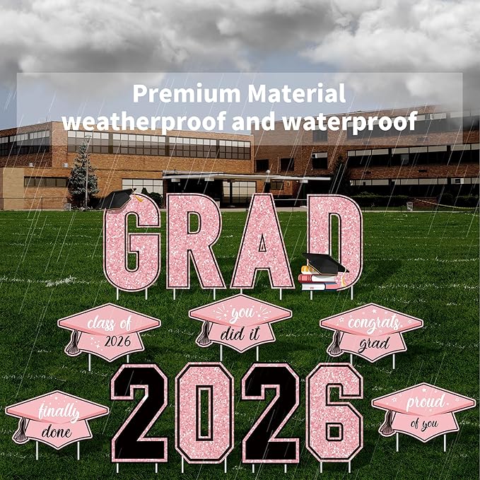 Aneco Waterproof 2026 Grad Yard Signs Plastic Graduation Yard Signs Party Outdoor Lawn Decorations 16 Inches Glitter Congrats Grad Lawn Sign with Stakes for Outdoor Party Garden Decor (Pink)