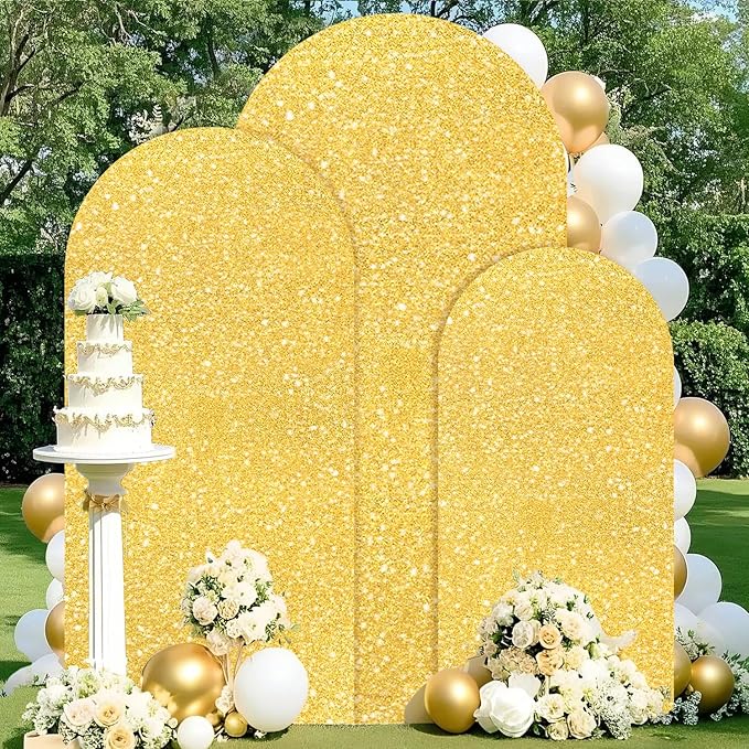 FUHSY Gold Arch Cover Set of 3 Sequin Backdrop Cover Chiara Spandex Cover for Arch Glitter Wedding Arch Covers Stretchy Backdrop Fabric for Birthday Party Balloon Arched Stand Decor 4ft 5ft 6ft