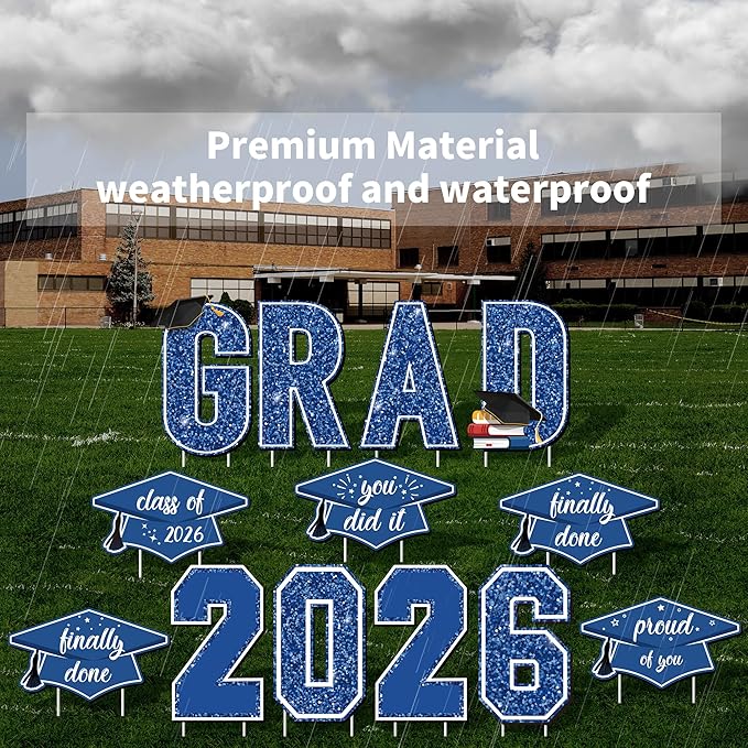 Aneco Waterproof 2026 Grad Yard Signs Plastic Graduation Yard Signs Party Outdoor Lawn Decorations 16 Inches Glitter Congrats Grad Lawn Sign with Stakes for Outdoor Party Garden Decor (Blue)