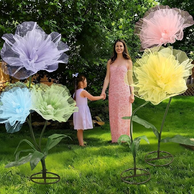 Leinuosen 5 Pcs Giant Flowers Decoration Large Organza Flowers with Stand Huge Poppy for Spring Tea Bridal Shower Wedding Birthday Party Entrance Decor Corporate Event Photography Booth Indoor Outdoor