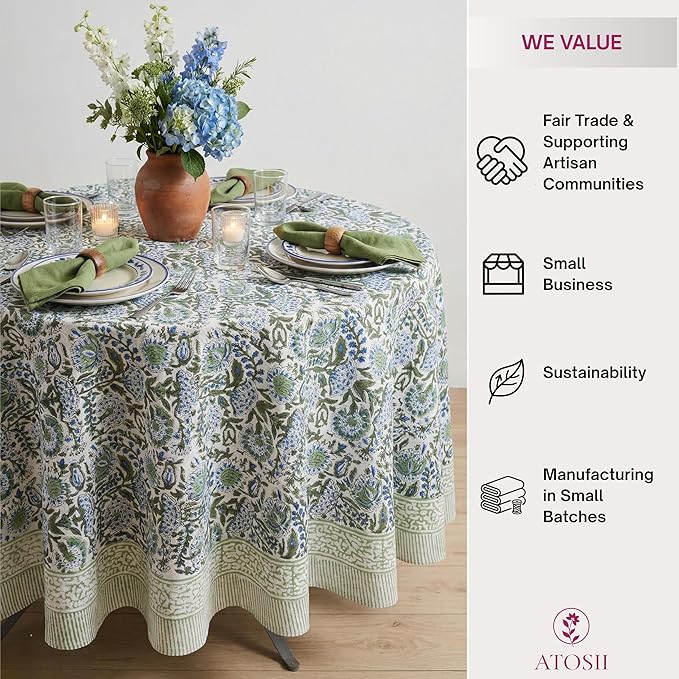 ATOSII Clover Blue 100% Cotton Round Boho Fall Tablecloth, Handblock Floral Table Cloth Linen for Kitchen Dining I Parties Wedding Outdoors Christmas Thanksgiving I 60" Inches Round I 4 Seater