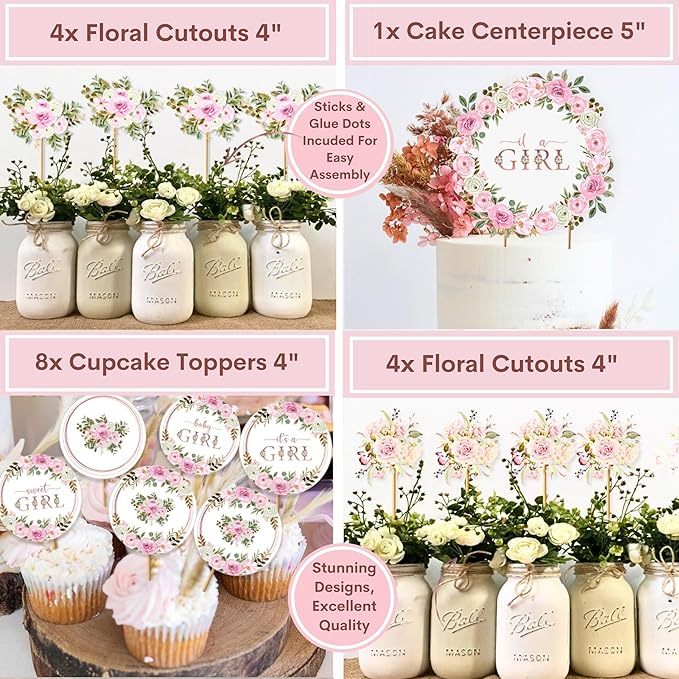 MEGA 254 Pc Floral Baby Shower Decorations For Girl | Pink Balloons Garland Kit, BABY boxes, It's A Girl Backdrop, Banners, Cake Toppers, Tablecloth, Plates, Napkins, Straws, Cups, Utensils 20 Guests