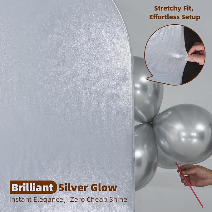 Sliver Shimmer Arch Backdrop Cover Set of 3 (7.2,6.6,6ft),Glitter Spandex Fitted Chiara Cover with Zipper,Thick Sequin Soft Stretchy for Wedding Birthday Baby Shower Graduation Party Photo Backdrop