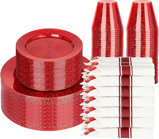 DaYammi 210PCS Red Glitter Plastic Dinnerware Set for 30 Guests, Fancy Disposable Plates for Party, Include: 30 Dinner Plates, 30 Dessert Plates, 30 Pre Rolled Napkins with Red Silverware, 30 Cups