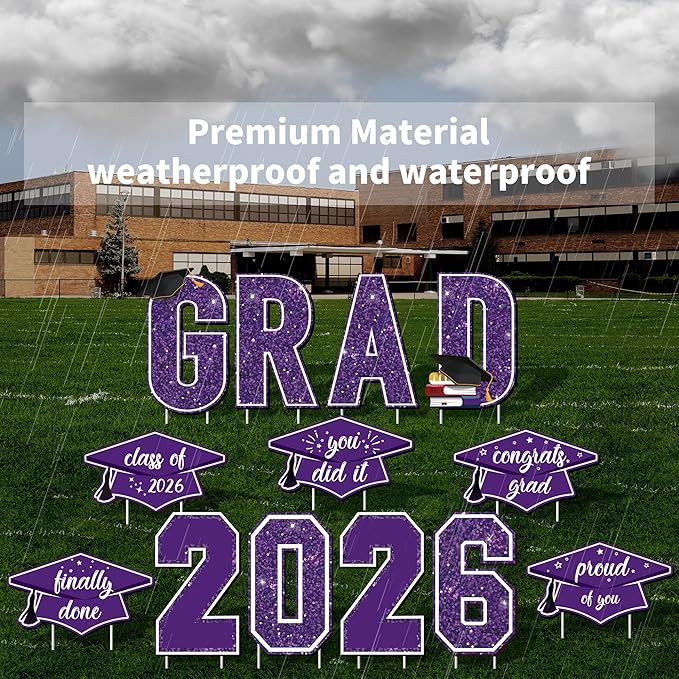 Aneco Waterproof 2026 Grad Yard Signs Plastic Graduation Yard Signs Party Outdoor Lawn Decorations 16 Inches Glitter Congrats Grad Lawn Sign with Stakes for Outdoor Party Garden Decor (Purple)