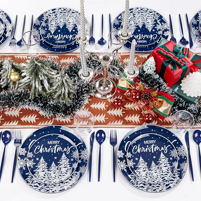 Supernal 150pcs Blue Christmas Plastic Plates - Christmas Party Tableware Set Include Blue Plastic Plates with White Xmas Trees, Heavy Duty Silverware Disposable, Silver Cups for New Year