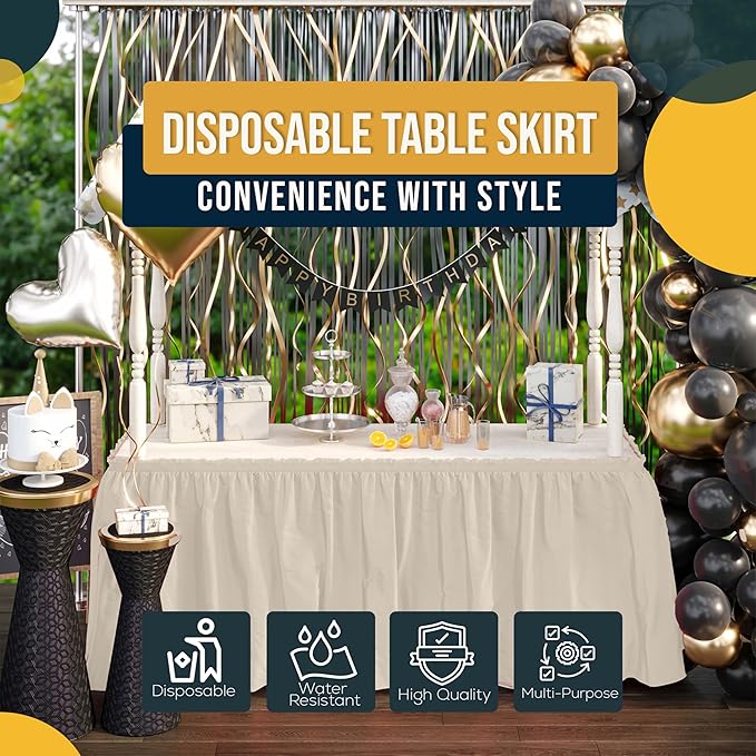 Exquisite Ruffle Table Skirt Ivory Pack Of 12, 14 Ft Long Table Skirts for Rectangle Tables 6ft Plus or Round Tables Skirts with Adhesive Strip for Gender Reveal Decor & Happy Birthday Parties
