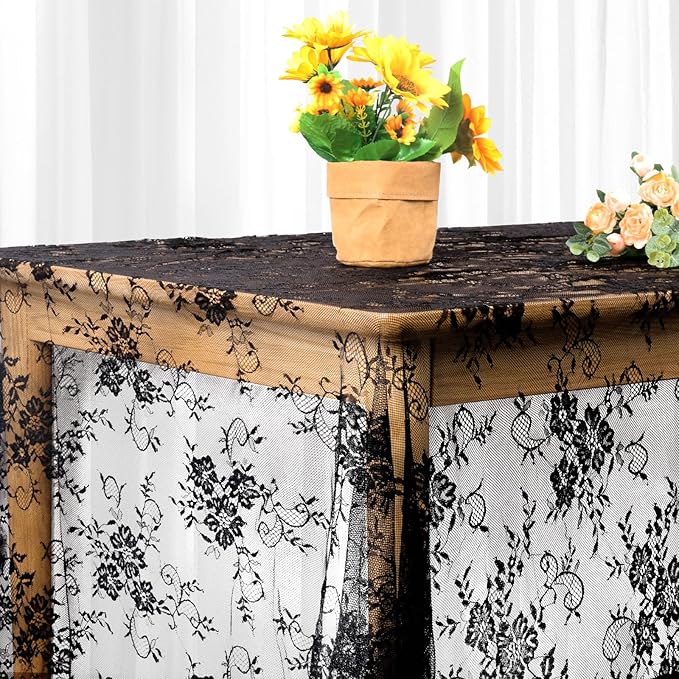 Fowecelt 5 Pack Black Lace Tablecloth 60 × 120 Inch for Rustic Boho Wedding Bridal Shower Party Decoration, Classy Rectangle Overlay Long Vintage Embroidered Reception Table Cloth Decor