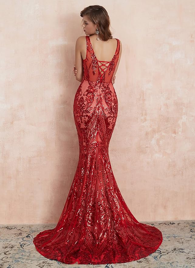 Women's Double V-Neck Sequins Lace-up Mermaid Evening Dress