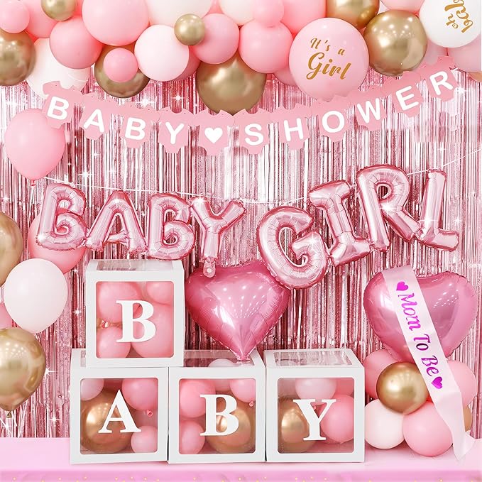 Baby Shower Decoration For Girl Pink Gold Balloons And It's A Girl Party Supplies Complete Set