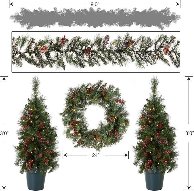 National Tree Company Pre-Lit Everyday Collection Artificial Christmas Decoration Set with LED Lights, Includes 2 Mini Christmas Trees,1 Wreath, and 1 Garland, Set of 4