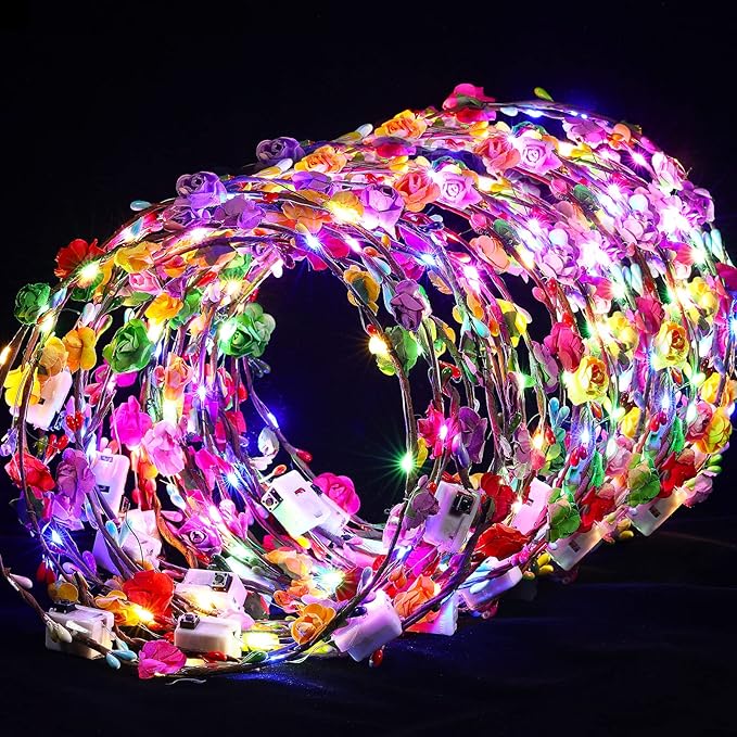 Syhood Valentines Day Gifts, 50 Pcs LED Flower Crowns Headbands, Light up Flower Crowns for Women, Glow in the Dark Headband for Wedding Birthday Mardi Gras Cosplay Princess Party Favors(Rose)