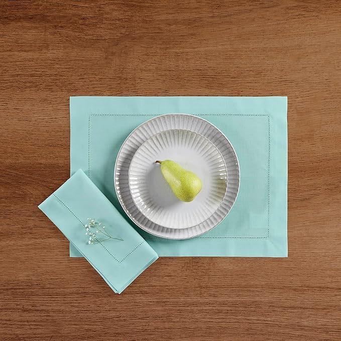 Solino Home Cotton Linen Placemats Set of 4 - Hemstitch Pastel Turquoise Placemats 14 x 19 Inch - Machine Washable Table Mats for Spring, Easter