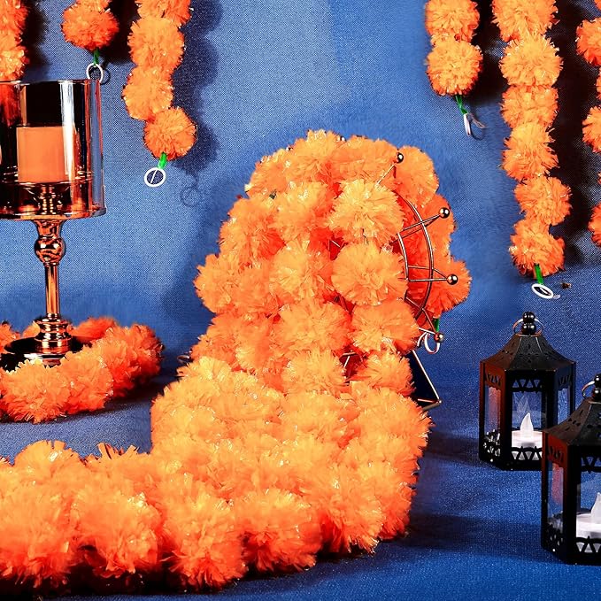 Giegxin 15 Pack Marigold Garland for Decoration 5 ft Long Strands Faux Artificial Marigold Flowers for Dia De Los Muertos Diwali Indian Wedding Party Decorations(Orange Red)