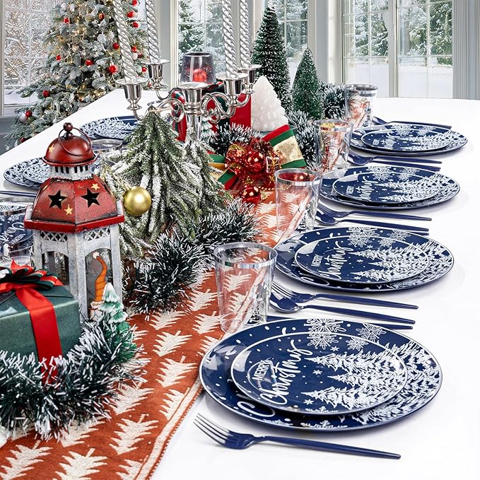 Supernal 150pcs Blue Christmas Plastic Plates - Christmas Party Tableware Set Include Blue Plastic Plates with White Xmas Trees, Heavy Duty Silverware Disposable, Silver Cups for New Year