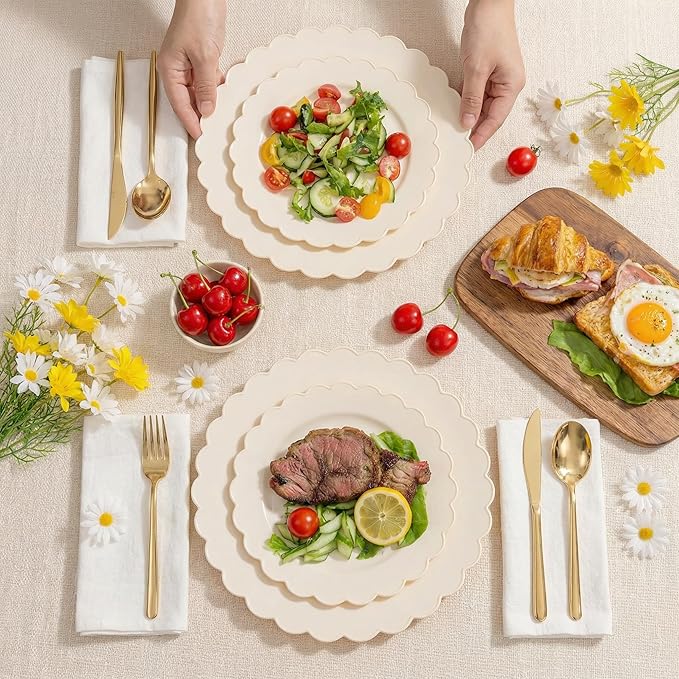 supernal 100pcs Ivory Plastic Plates Fancy Disposable Scalloped Plates for Party Heavy Duty for Party,Wedding,Brthdays Bridal Shower Plate Include 50 Plastic Dinner & Dessert Plate
