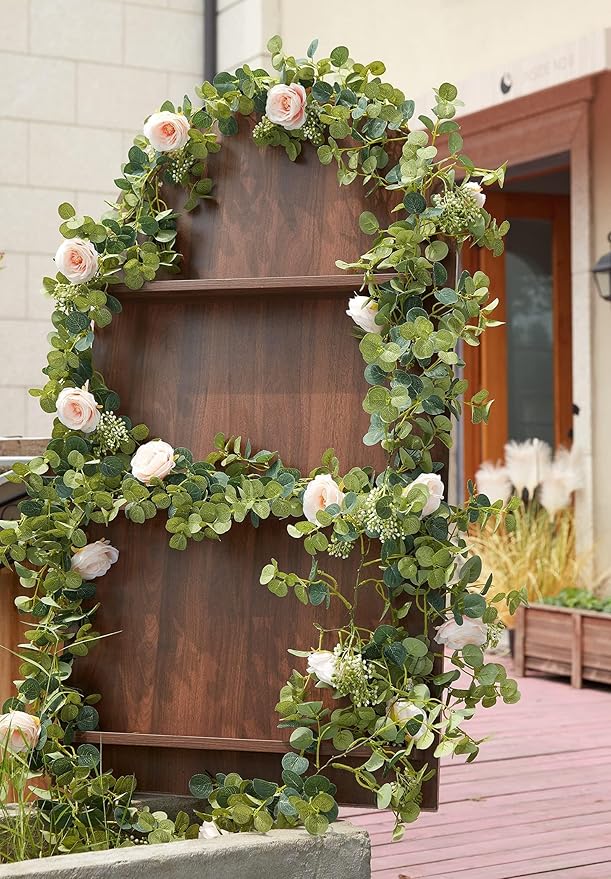 PARTY JOY 2pcs 6.56ft Eucalyptus Garland with Flowers-8 Pink Roses-Lush,Natural Looking, Floral Garland Greenery for Party Wedding Table Indoor Outdoor Backdrop Wall Decor（Pink）