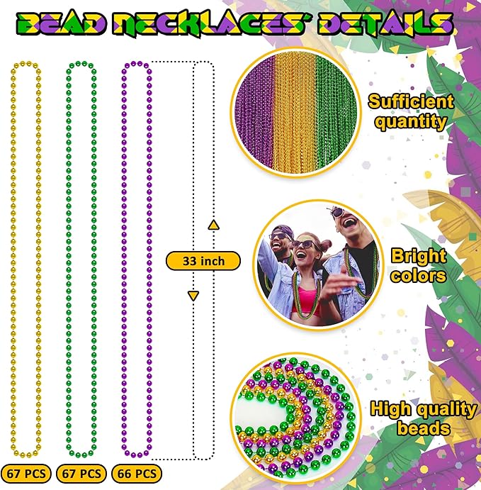 200PCS Mardi Gras Beads, Mardi Gras Green Purple Gold Metallic Beads Necklaces Accessories Bulk, Carnival Mardi Gras Beads Costumes Women Men for Parade Throws Party Decorations Favor Supplies