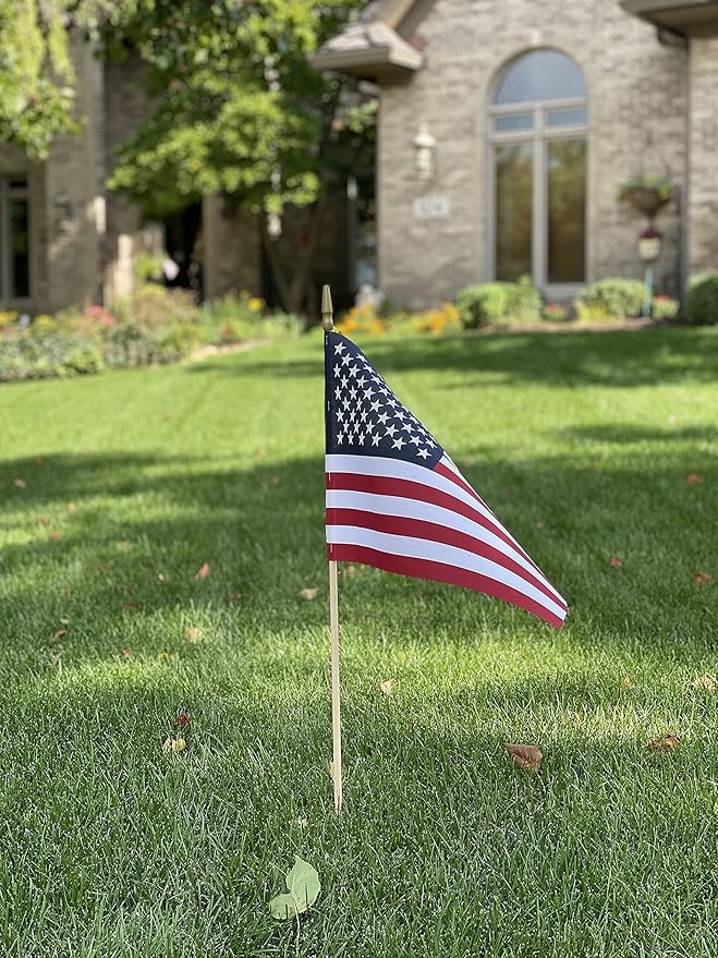 Handheld Spearhead American Flags - 12 x 18 inch. Handheld Stick Flags with SpearTop Great for Patriotic Decorations or Celebrations. Made in the USA (Qty-12)