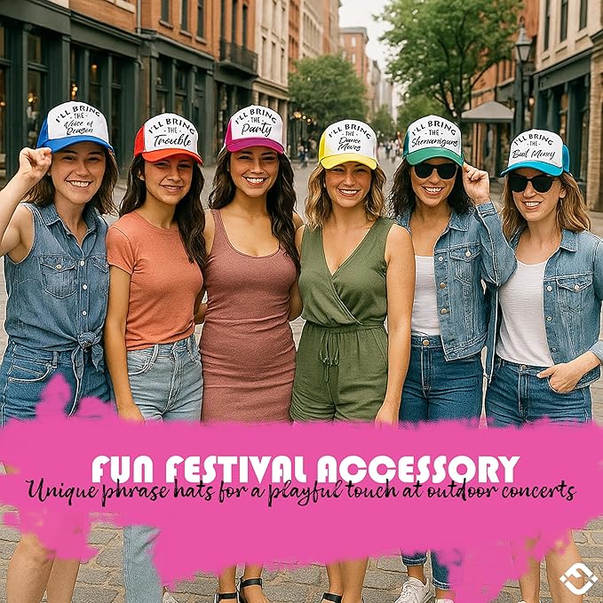 Funky Junque Women's Funny Trucker Hats: Adult Humor for Bachelorette & Girls Trips, Groups 3-25, Mesh Hat - I'll Bring The's
