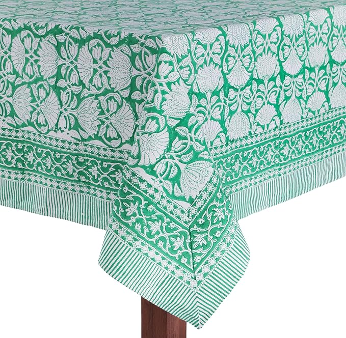 ATOSII Meadow Green 100% Cotton Fall Tablecloth, Handblock Print Rectangle Table Cover for Kitchen Dining Linen I Parties, Weddings, Outdoors, Easter Table Cloth Decor 60 X 90 Inches I 6 Seater