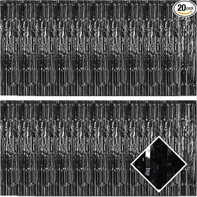 20 Pack Black Foil Fringe Curtains 3.2ft x 9.8ft Black Foil Curtain Backdrop Metallic Tinsel Curtains Streamer Photo Booth Backdrop for Birthday Party Engagement Bachelorette Party Decorations