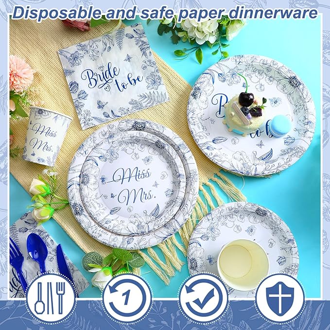 Zhehao 250 Pcs Bride to Be Bridal Shower Plates Napkins Sets 50 Pcs 9'' Dinner Plates and 7'' Dessert Plate and 9oz Cups 100 Napkins Serves 50 Party Supplies Bridal Shower Engagement Decoration