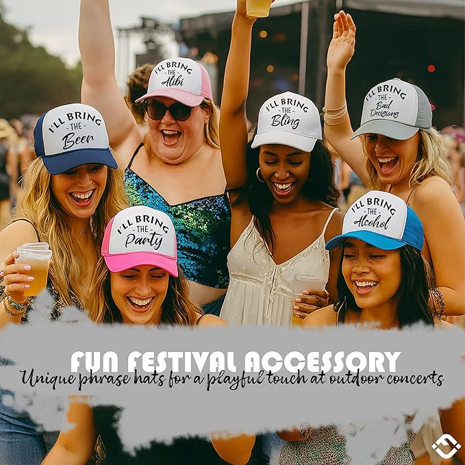 Funky Junque Women's Funny Trucker Hats: Adult Humor for Bachelorette & Girls Trips, Groups 3-25, Mesh Hat - I'll Bring The's